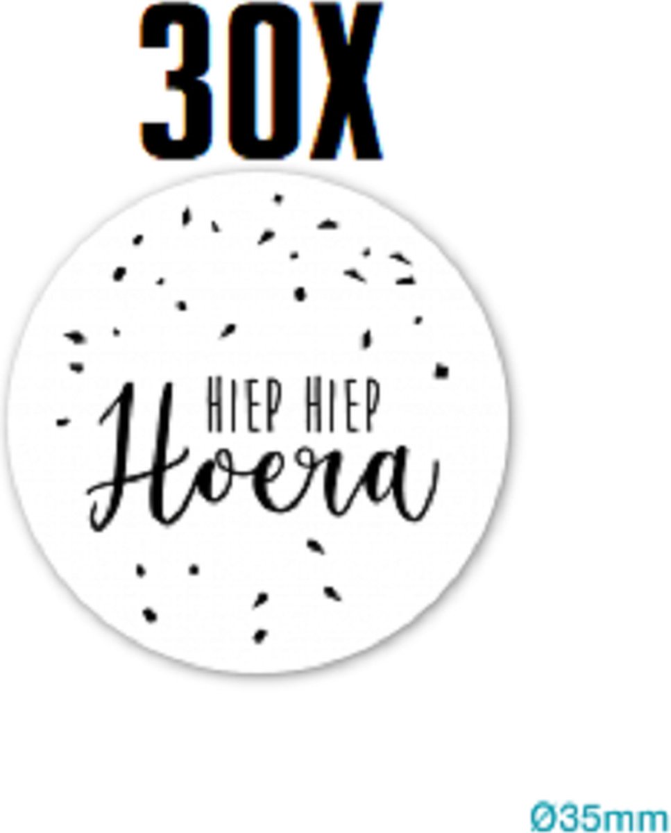 30x Sluitsticker Hiep Hiep Hoera! - RONA DESIGN® - Wit - Zwart - 35mm - Sluitzegel Feest | Sluitsticker - Chique inpakken - Traktatie - Verjaardag - Feest - Kinderfeest - Kinderverjaardag